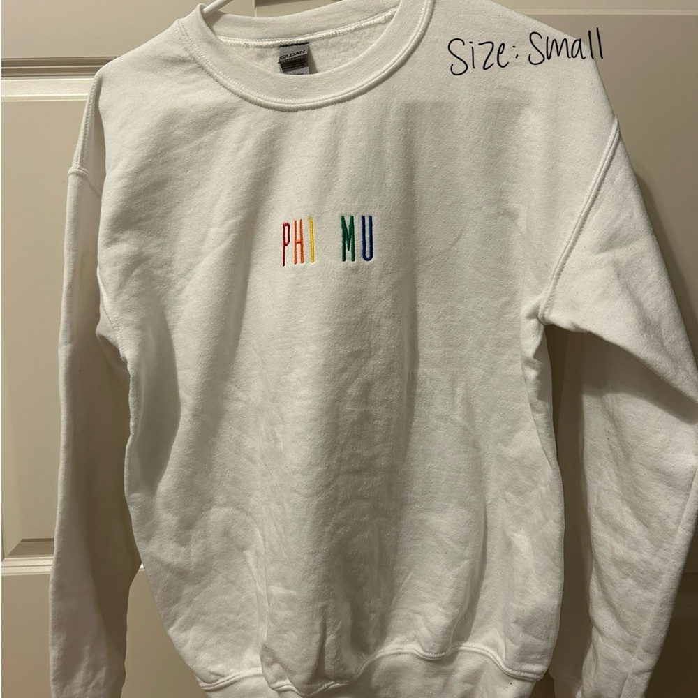 Phi Mu White Crewneck Sweatshirt with Rainbow Embroidery
